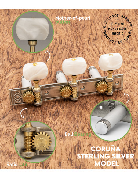 Clavijero Aparicio Guitarra Clásica Modelo Coruña Plata de Ley/Nácar | Maderas Barber