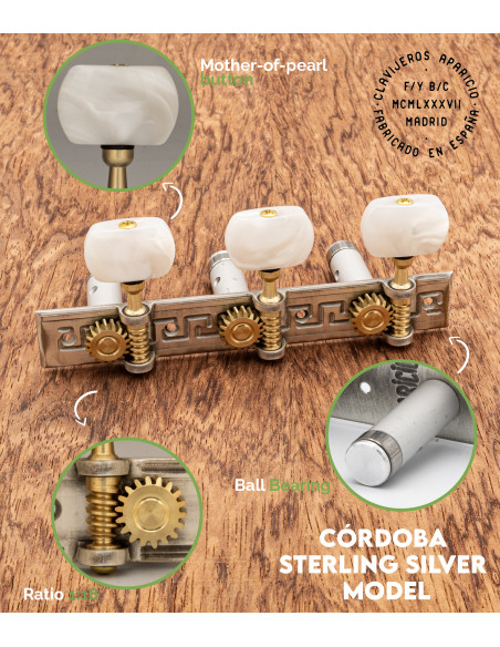 Clavijero Aparicio Guitarra Clásica Modelo Córdoba Plata de Ley/Nácar | Maderas Barber
