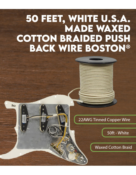 50 feet, white U.S.A. made waxed cotton braided push back wire Boston®