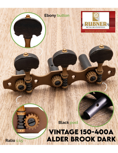 Rubner Vintage 150-400a Alder Brook Dark Classical Guitar Machine Head | Maderas Barber