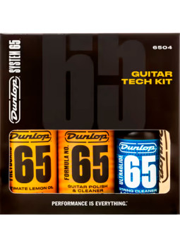 Packaging of Dunlop 6503 System 65 guitar maintenance kit with body cleaner, lemon oil and Ultraglide 65
