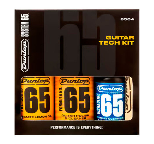 Packaging del kit de mantenimiento para guitarra Dunlop 6503 System 65 con limpiador de cuerpo, aceite de limón y Ultraglide 65