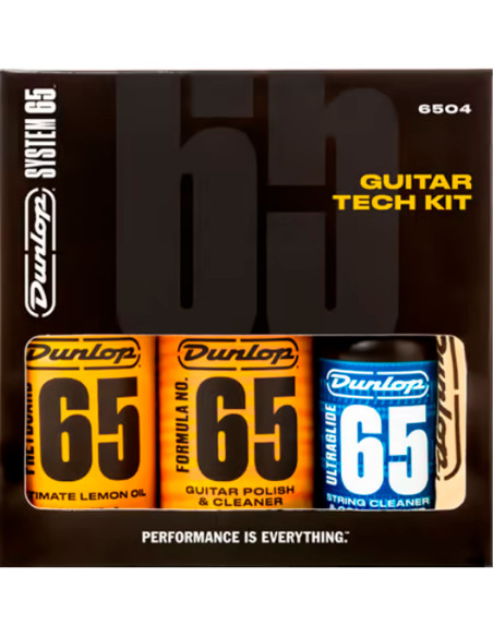 Packaging del kit de mantenimiento para guitarra Dunlop 6503 System 65 con limpiador de cuerpo, aceite de limón y Ultraglide 65