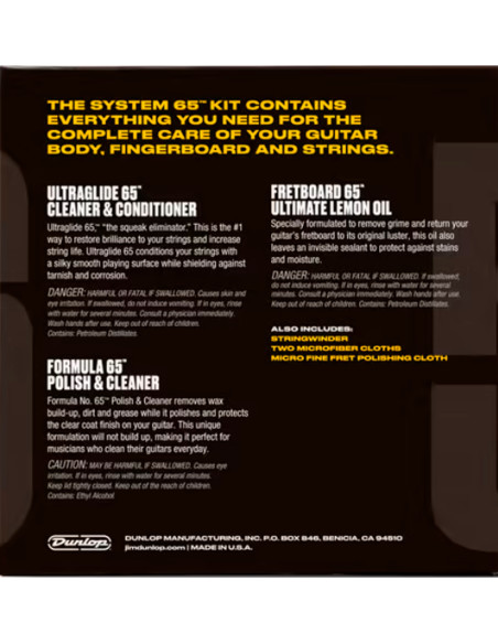 Parte trasera del packaging del kit de mantenimiento para guitarra Dunlop 6503 System 65 con información y especificaciones