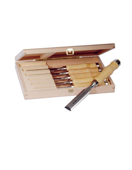 Jeu de 6 burins de 6, 10, 12, 16, 20, y 26 mm dans une boîte en bois Pfeil