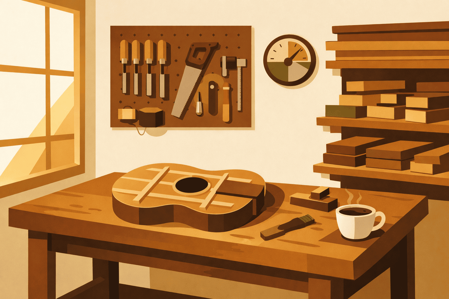 Taller de luthier con guitarra en construcción